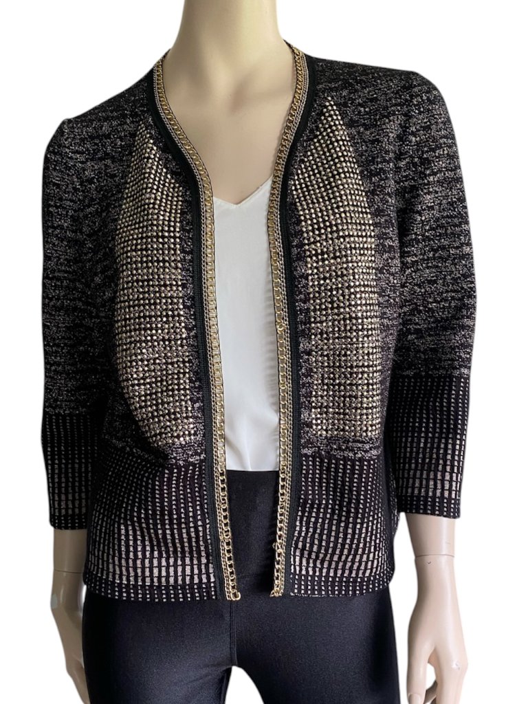 Joseph Ribkoff Metallic Studded Chain Trim Knit Cardigan Blazer Jacket Size 12